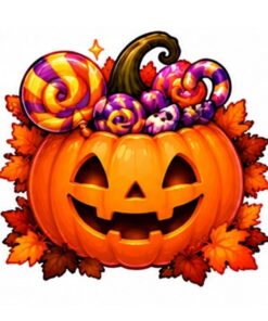 Cute Cartoon Halloween lachende pompoen met kleurrijke snoepjes