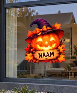 Gepersonaliseerd Halloween Gepersonaliseerde pompoen met heksenhoed en naam preview