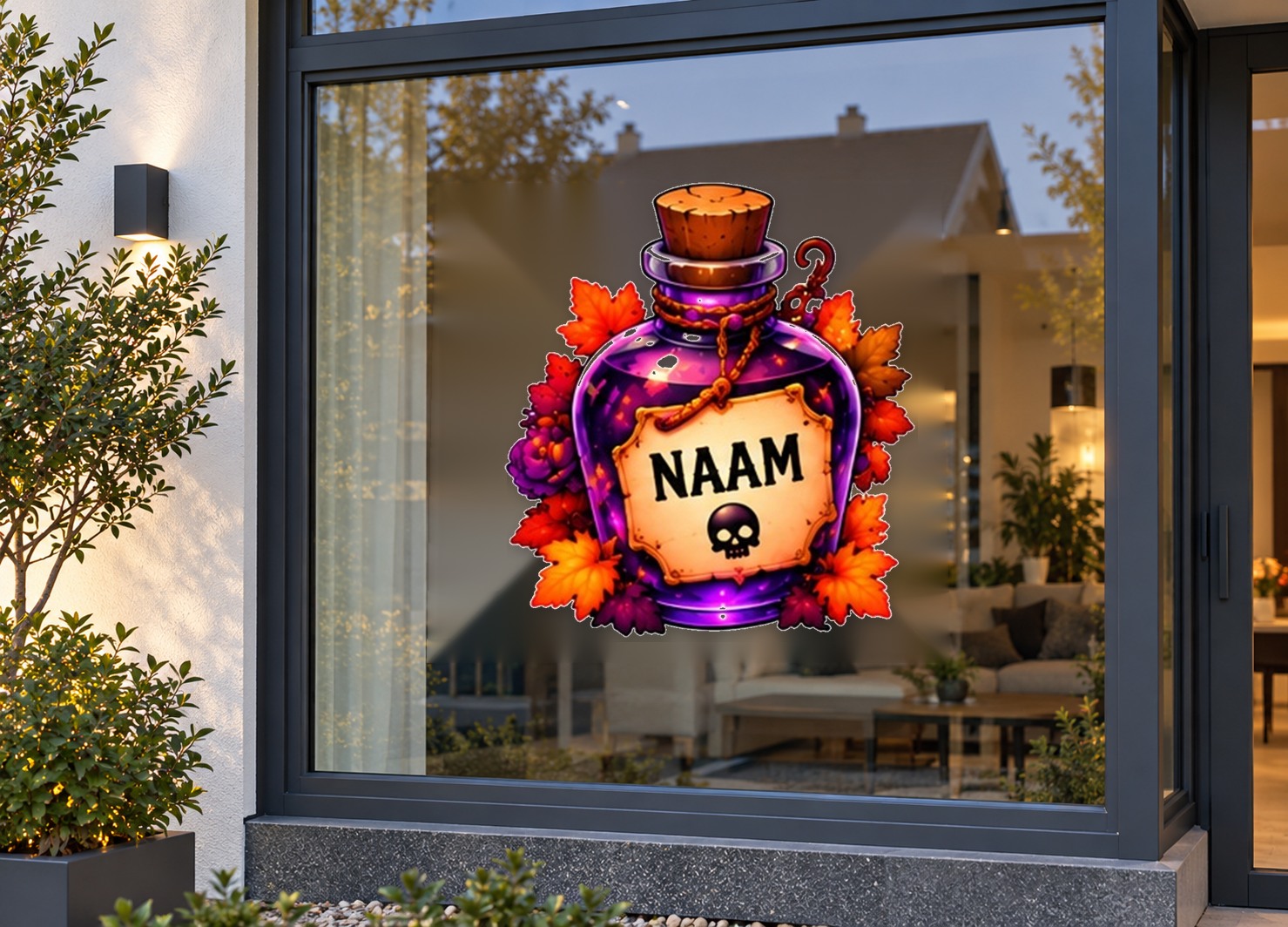 Gepersonaliseerde paarse toverdrank met herfstbladeren en naam preview