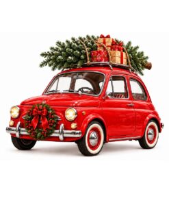 Kerst Raamsticker | Rode vintage auto met kerstboom en cadeautjes