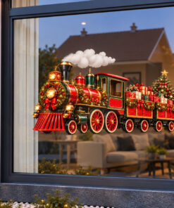Kerst Raamsticker | Vintage kersttrein met kerstboom en kerstcadeaus preview