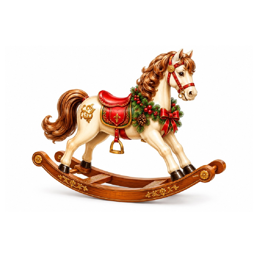 Kerst Raamsticker | Vintage hobbelpaard met kerstkrans en kerstsieraden