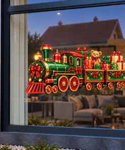 Kerst Raamsticker | Vintage kersttrein met cadeautjes en teddybeer preview