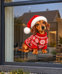 Kerst Raamsticker | Schattige teckel met kerstmuts en kersttrui preview
