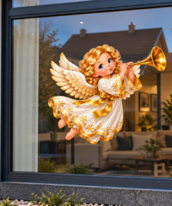 Kerst Raamsticker | Vliegende kerstengel met gouden trompet preview