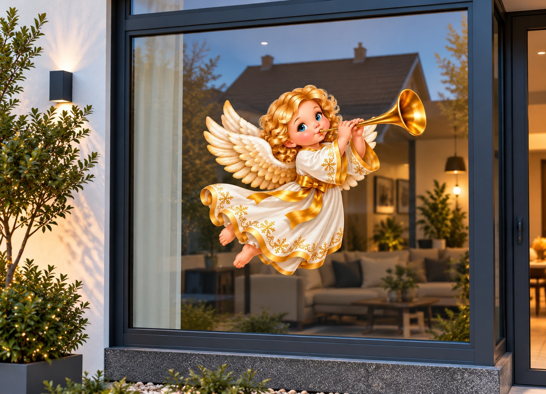 Kerst Raamsticker | Vliegende kerstengel met gouden trompet preview