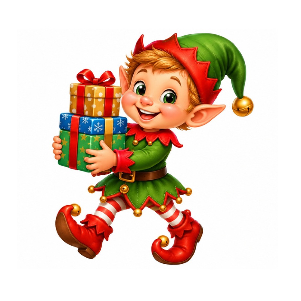 Kerst Raamsticker | Vrolijke kerst elf met cadeautjes