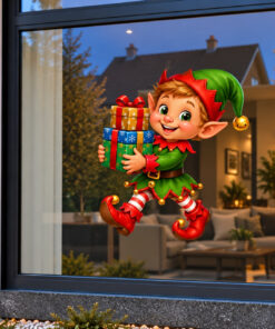 Kerst Raamsticker | Vrolijke kerst elf met cadeautjes preview
