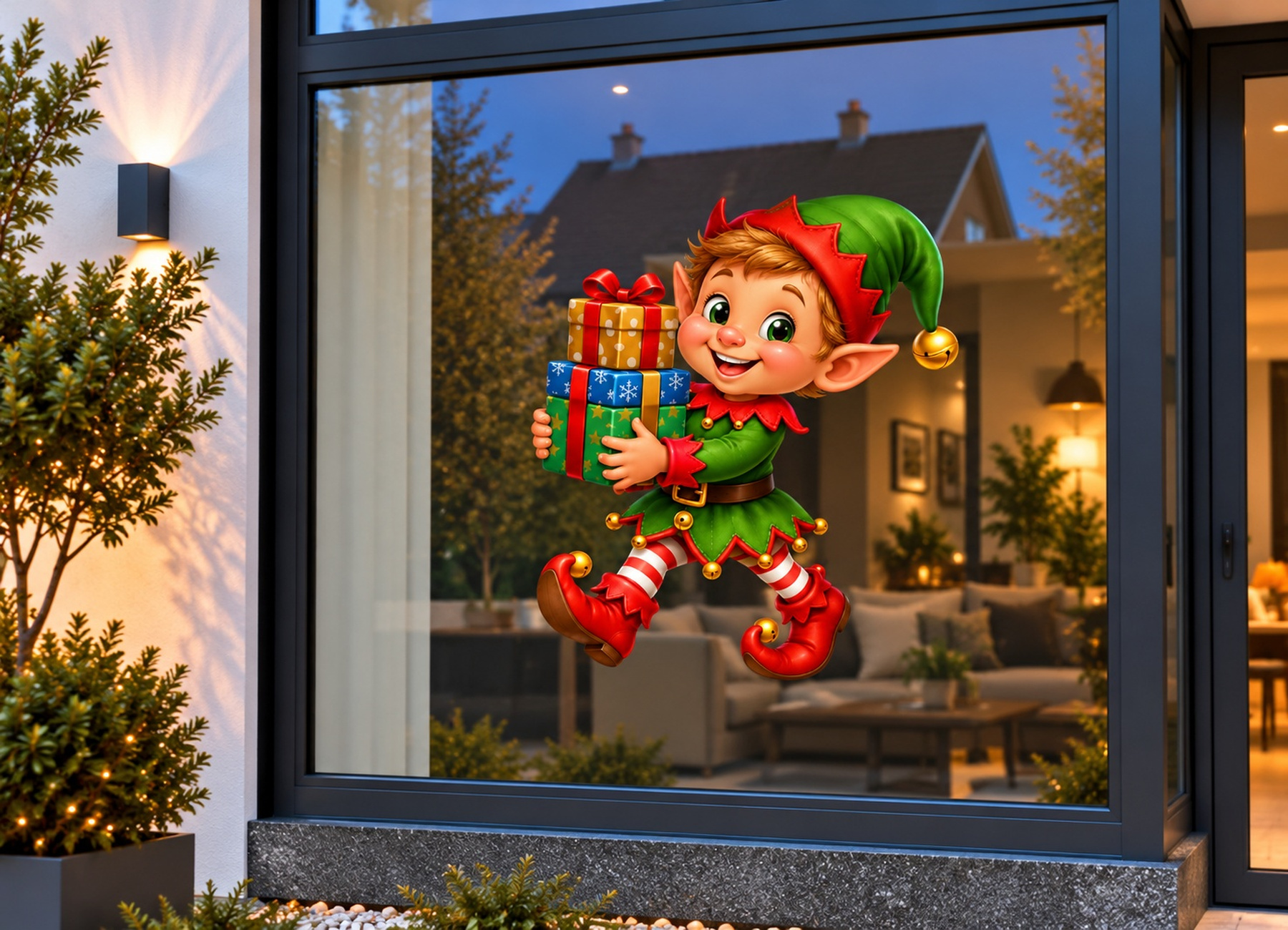 Kerst Raamsticker | Vrolijke kerst elf met cadeautjes preview