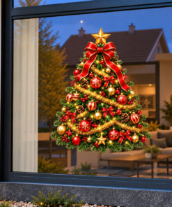 Kerst Raamsticker | Versierde kerstboom met rode strikken en gouden ballen preview