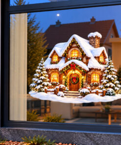 Kerst Raamsticker | Sneeuwrijk kersthuis met verlichte ramen preview