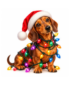 Kerst Raamsticker | Schattige teckel met kerstmuts en kleurrijke kerstverlichting
