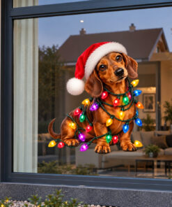 Kerst Raamsticker | Schattige teckel met kerstmuts en kleurrijke kerstverlichting preview