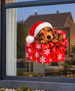 Kerst Raamsticker | Schattige teckel met kerstmuts in een kerstcadeau preview