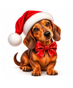 Kerst Raamsticker | Schattige teckel met rode kerstmuts en feestelijke strik