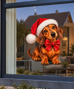 Kerst Raamsticker | Schattige teckel met rode kerstmuts en feestelijke strik preview
