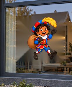 Sinterklaas Raamsticker | Vrolijke Piet met grote zak vol cadeautjes preview