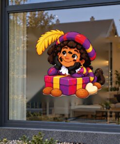 Sinterklaas Raamsticker | Dromerige Piet op een cadeautje preview