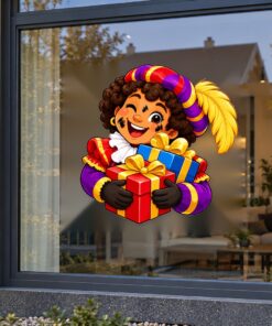 Sinterklaas Raamsticker | Vrolijke Piet met cadeautjes preview