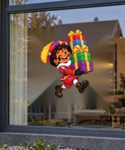 Sinterklaas Raamsticker | Vrolijke Piet met een stapel cadeautjes preview